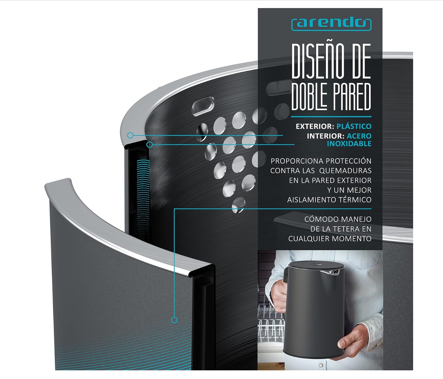 Hervidor Eléctrica Elegant 1.5L Preto Fosco Arendo Elegant Wasserkocher 1.5L