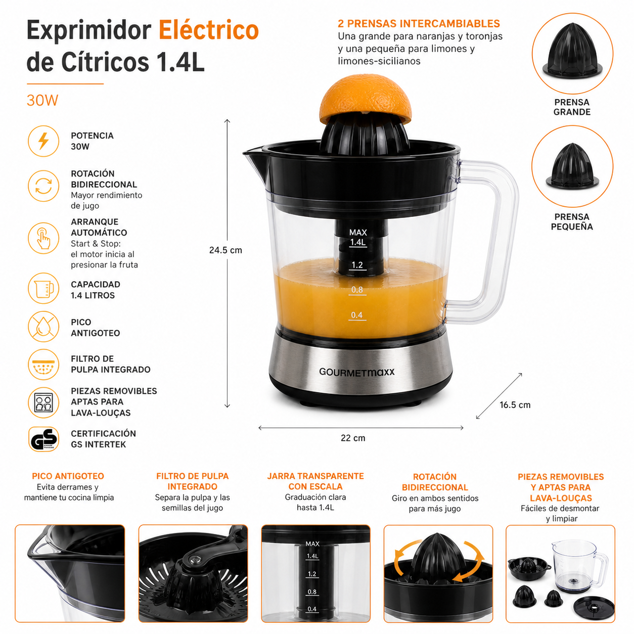 Exprimidor Eléctrico de Cítricos 1.4L GOURMETmaxx