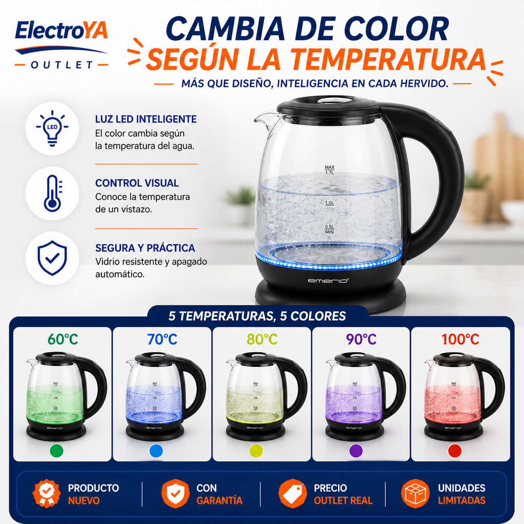 Hervidor Eléctrica de Vidro con LED Emerio WK-119255
