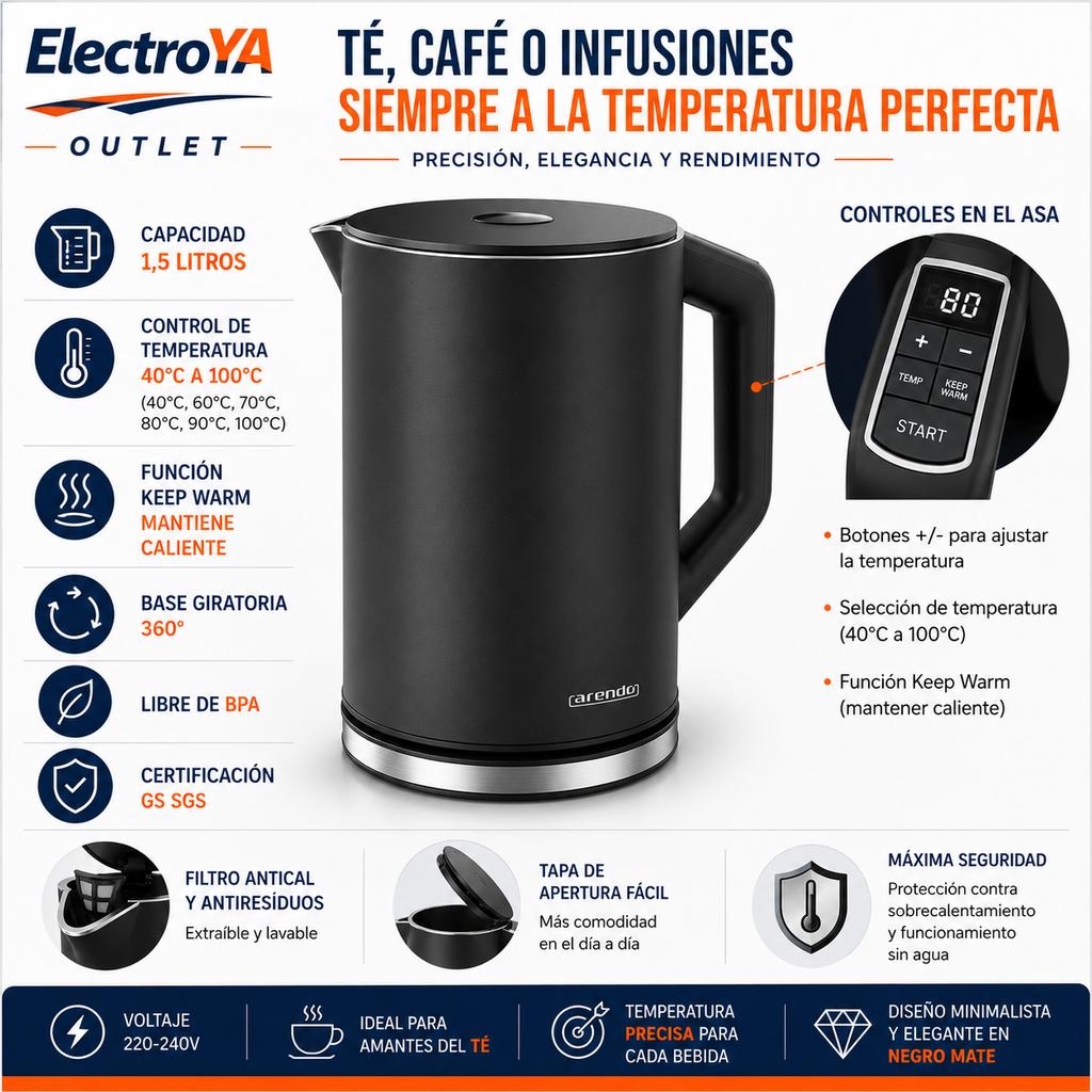 Hervidor Eléctrica Elegant 1.5L Preto Fosco Arendo Elegant Wasserkocher 1.5L