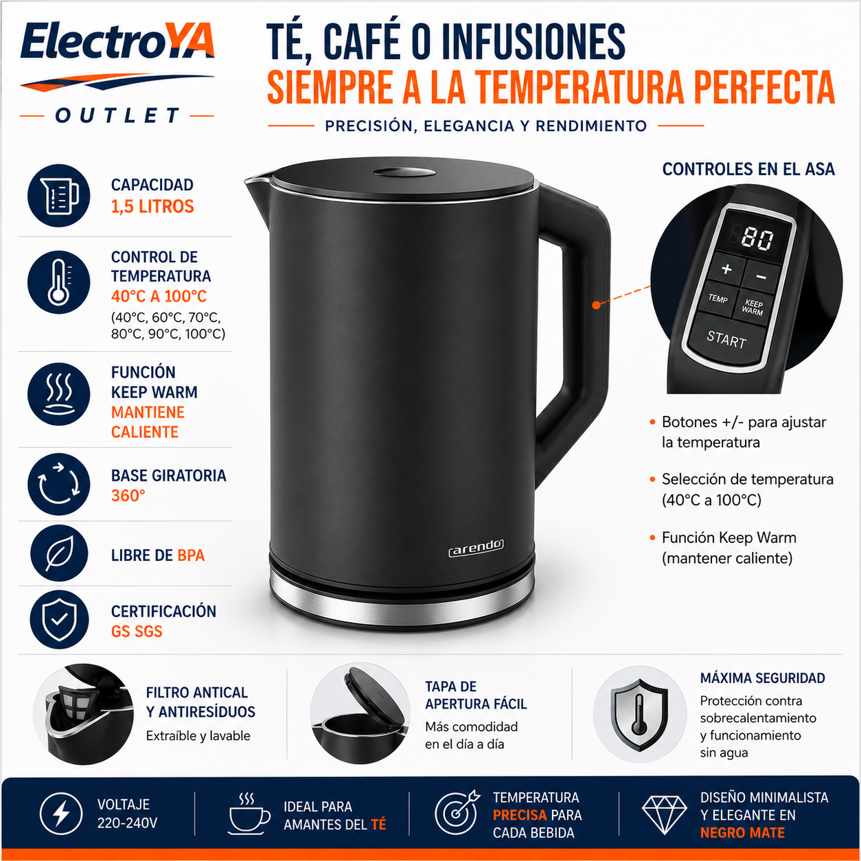Hervidor Eléctrica Elegant 1.5L Preto Fosco Arendo Elegant Wasserkocher 1.5L