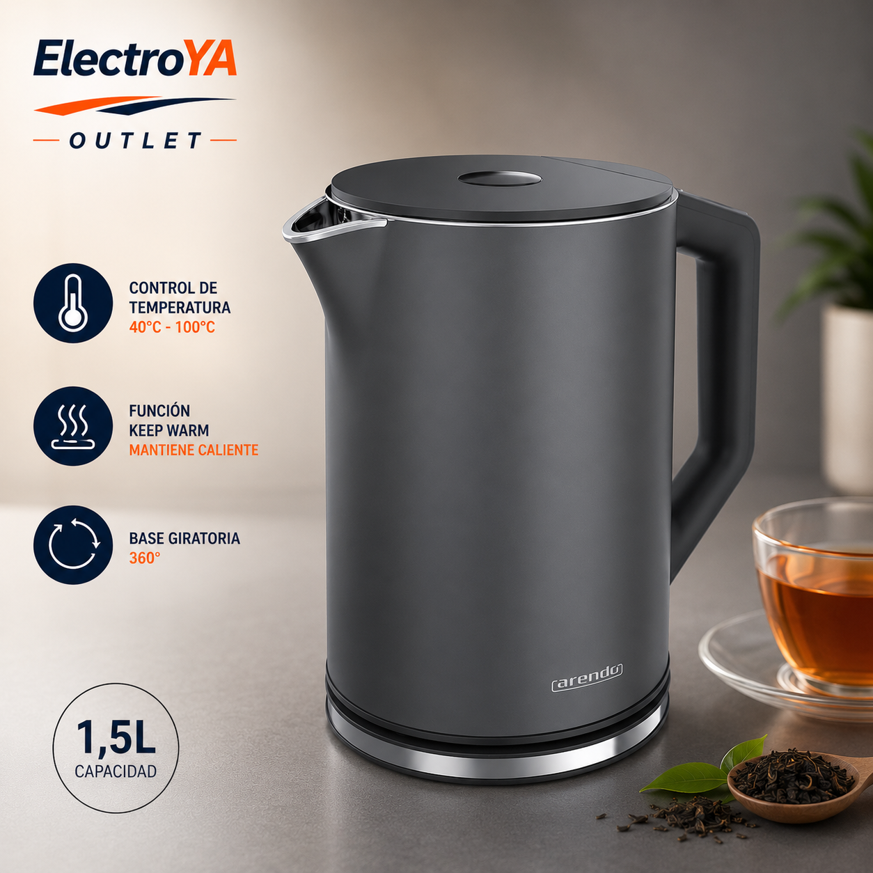 Hervidor Eléctrica Elegant 1.5L Preto Fosco Arendo Elegant Wasserkocher 1.5L