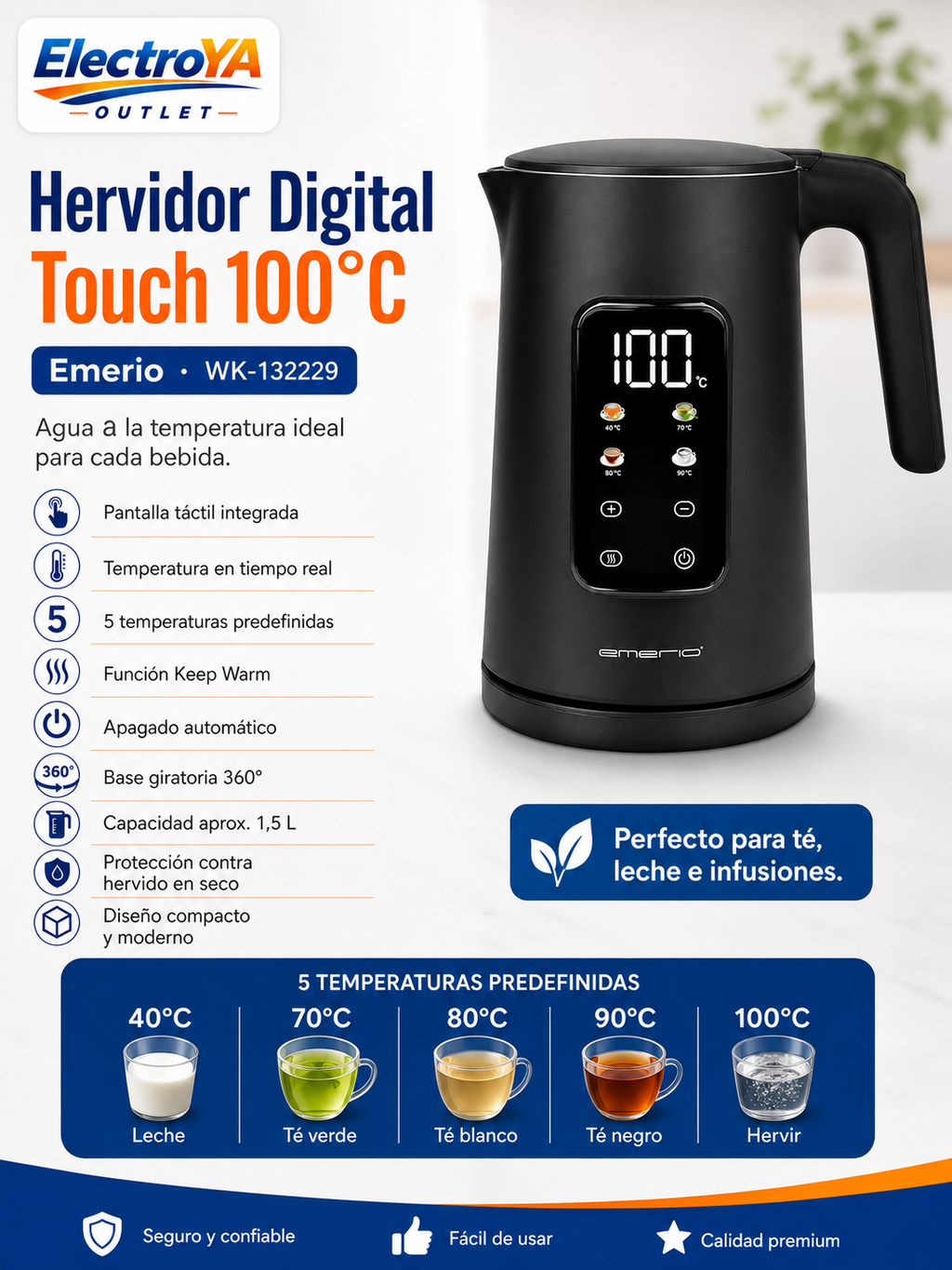 Hervidor Eléctrica Touch Digital 100°C Emerio WK-132229